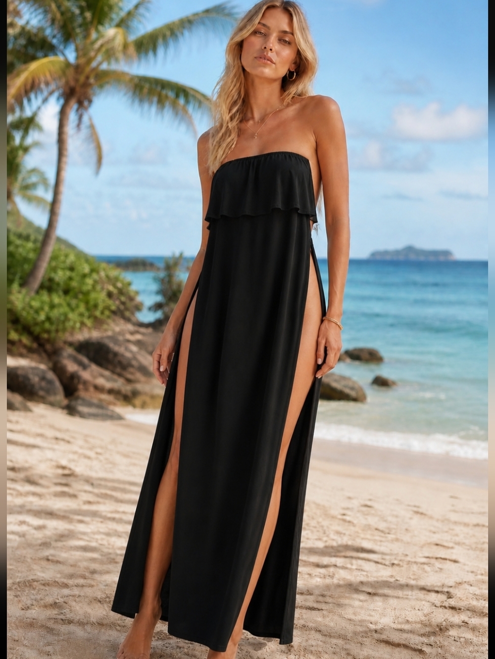 Elan Black Bandeau Strapless Ruffle Beach Maxi Dress